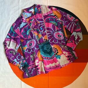 Monoki By Diane Goldstein 100% Silk, Embroidered Moon & Stars Blouse/Tunic Top